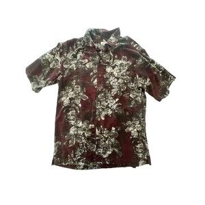 Island Shores Mens M Silk Shirt Retro Vntg Floral Palm Trees Burgundy Hawaiian
